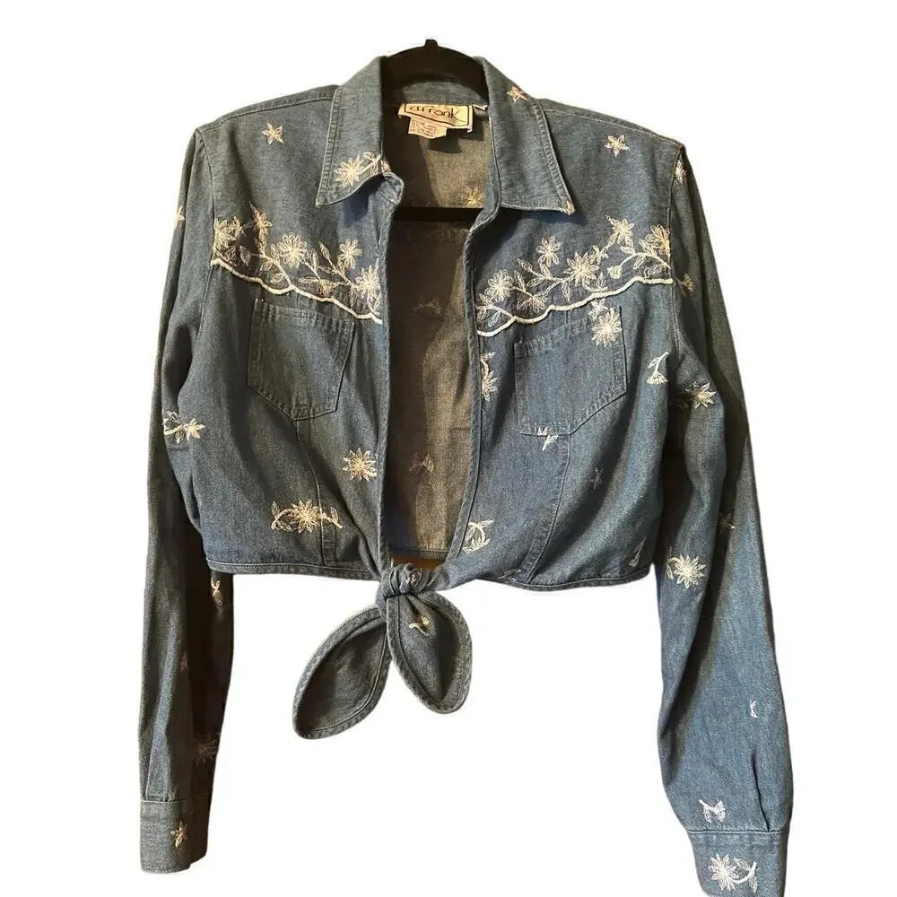 Vintage Embroidered Tie-Front Denim Blouse - Blue